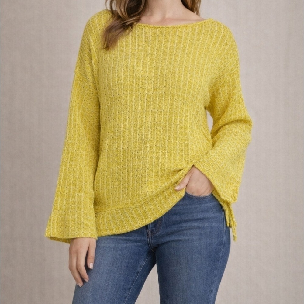 Davi & Dani Waffle Knit Sweater Womens‎ L Yellow Bell Sleeve Boho Boat Neck